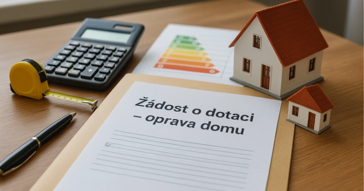 Žádost o dotaci na opravu domu s kalkulačkou, měřítkem a modely domů