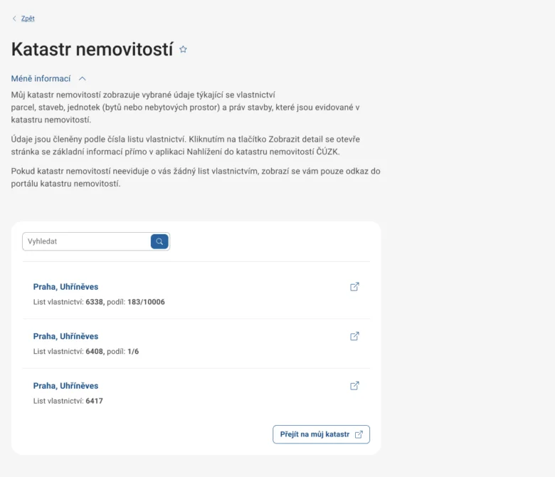 Výpis z katastru nemovitostí pro Prahu, Uhříněves s čísly listů vlastnictví
