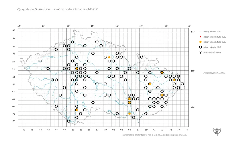 Mapa rozšíření kutilky asijské v ČR podle letních záznamů