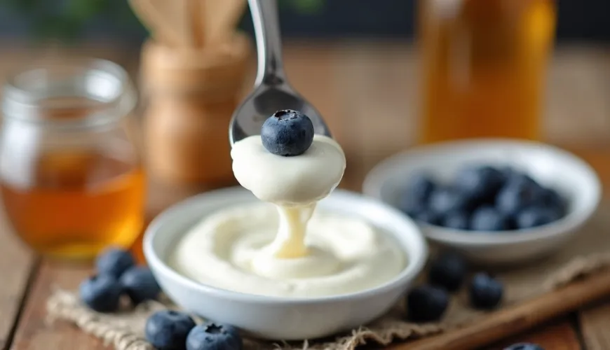 Jogurt s borůvkami a medem na dřevěném stole