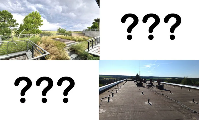 Zelená střecha s rostlinami nad prázdnou betonovou plochou.