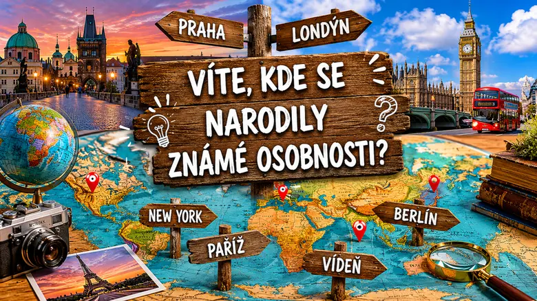 Kvízová grafika s otázkou o narození známých osobností na světě.