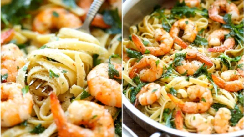 Krevety s těstovinami, parmezán, petržel