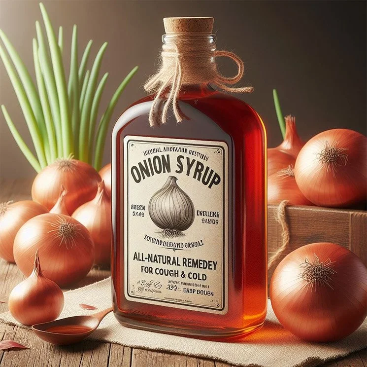 Léčivý sirup z cibule pro kašel na dřevěném stole.
