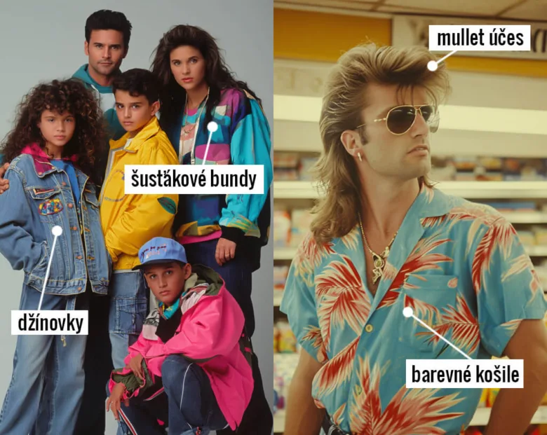 80. léta móda: šustákové bundy, džínovky, barevné košile, mullet účes