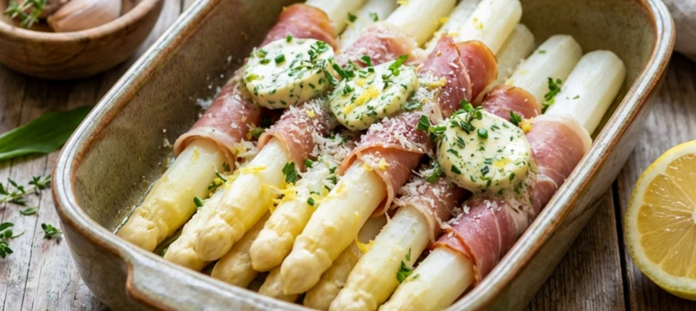 Bílý chřest s parmezánem a šunky v pečícím nádobí