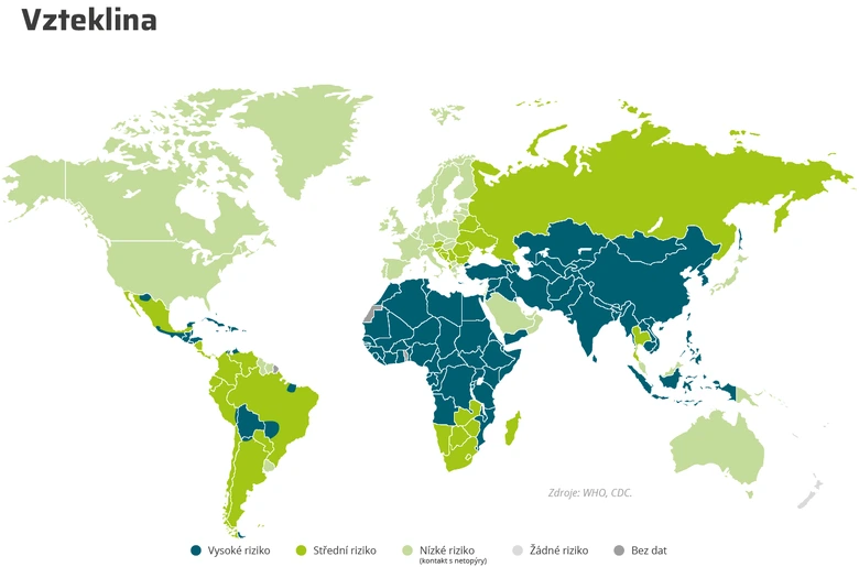 Mapa světa ukazující riziková místa pro vzteklinu podle zemí.