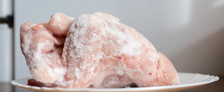 Zamrzlé maso na talíři připravené k rozmrazení