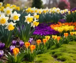 Jarní květiny jako narcisy a tulipány v zahradním záhonu.