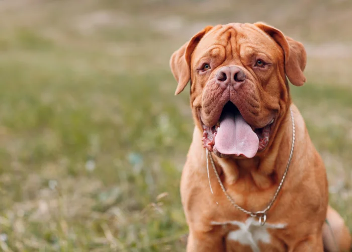 Portrét bordeauxské dogy sedící na trávě