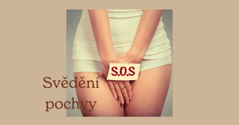 Žena drží břicho s kartou S.O.S. – svědění pochvy