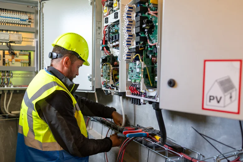 Technik opravuje fotovoltaický elektrorozvod v instalační skříni.