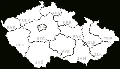 Mapa Česka s označenými kraji, včetně Středočeského kraje (STČ)