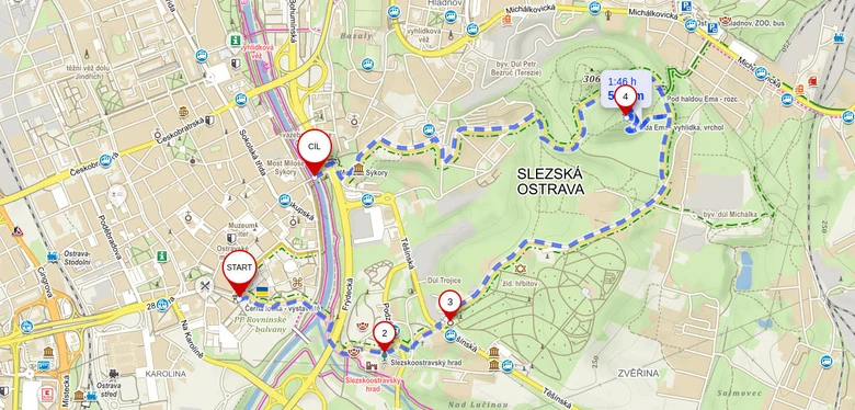 Mapa trasy k haldě Ema v Opavě s označenými body zájmu.