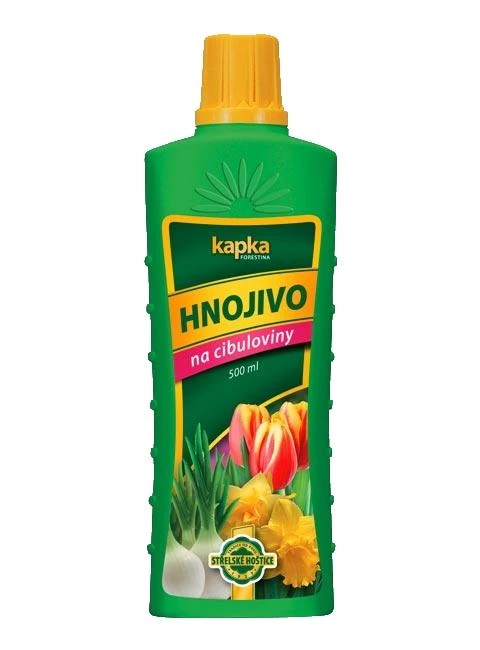 Hnojivo pro cibuloviny jako tulipány v zelené lahvi.