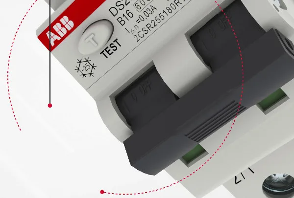 Zbytkový proudový chránič značky ABB s tlačítkem pro testování.