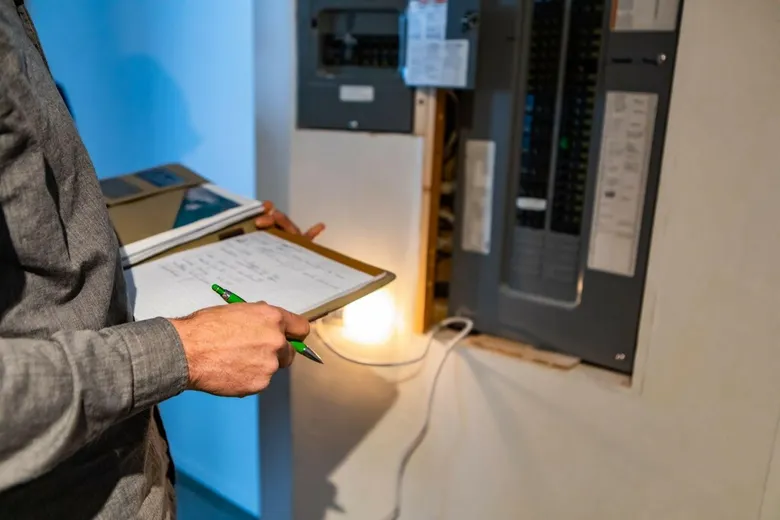 Elektrikář kontroluje rozvaděč při revizi elektroinstalace.
