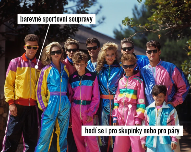 Skupina lidí v barevných sportovních soupravách z 80. let