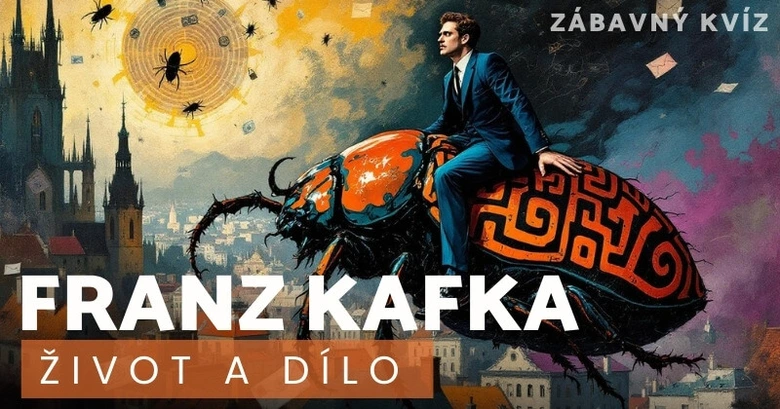 Ilustrace k životu díla Franze Kafky s obří broukem