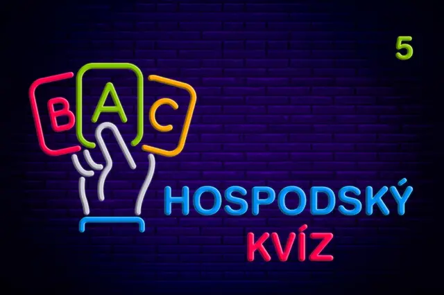 Neonové logo hospodského kvízu s rukou vybírající odpovědi