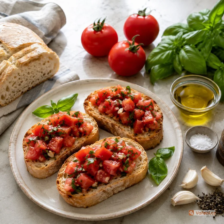 Bruschetta s rajčaty a bazalkou na talíři