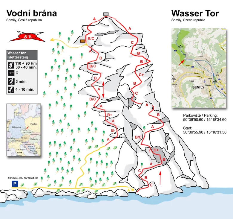 Mapa trasy vodní brány ve Semicích s obtížností C