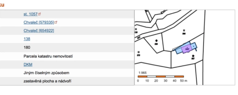 Katastrální mapa parcely v Chvaleči s číslem 1057
