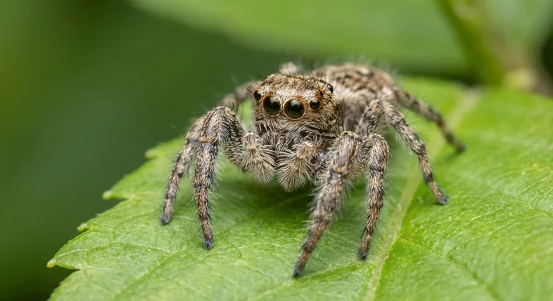 Skokanec sedící na zeleném listu v přírodě