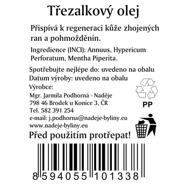 Etiketa třezalkového oleje s složením a výrobcem