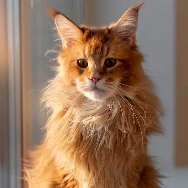 Portrét dlouhosrsté kočky Maine Coon v interiéru