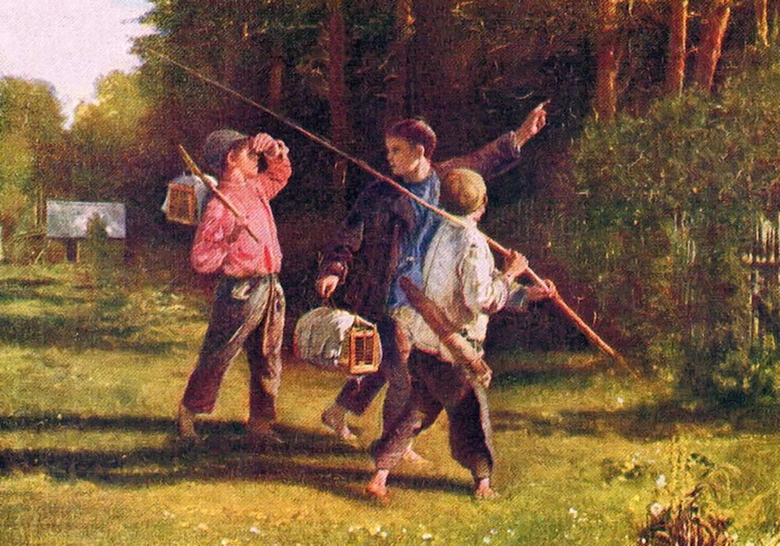 Chlapci sbírají brouky na svatojánskou noc v lese.