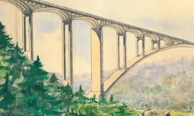 Ilustrace velkého viaduktu přes kopcovitou krajinu s borovicemi.
